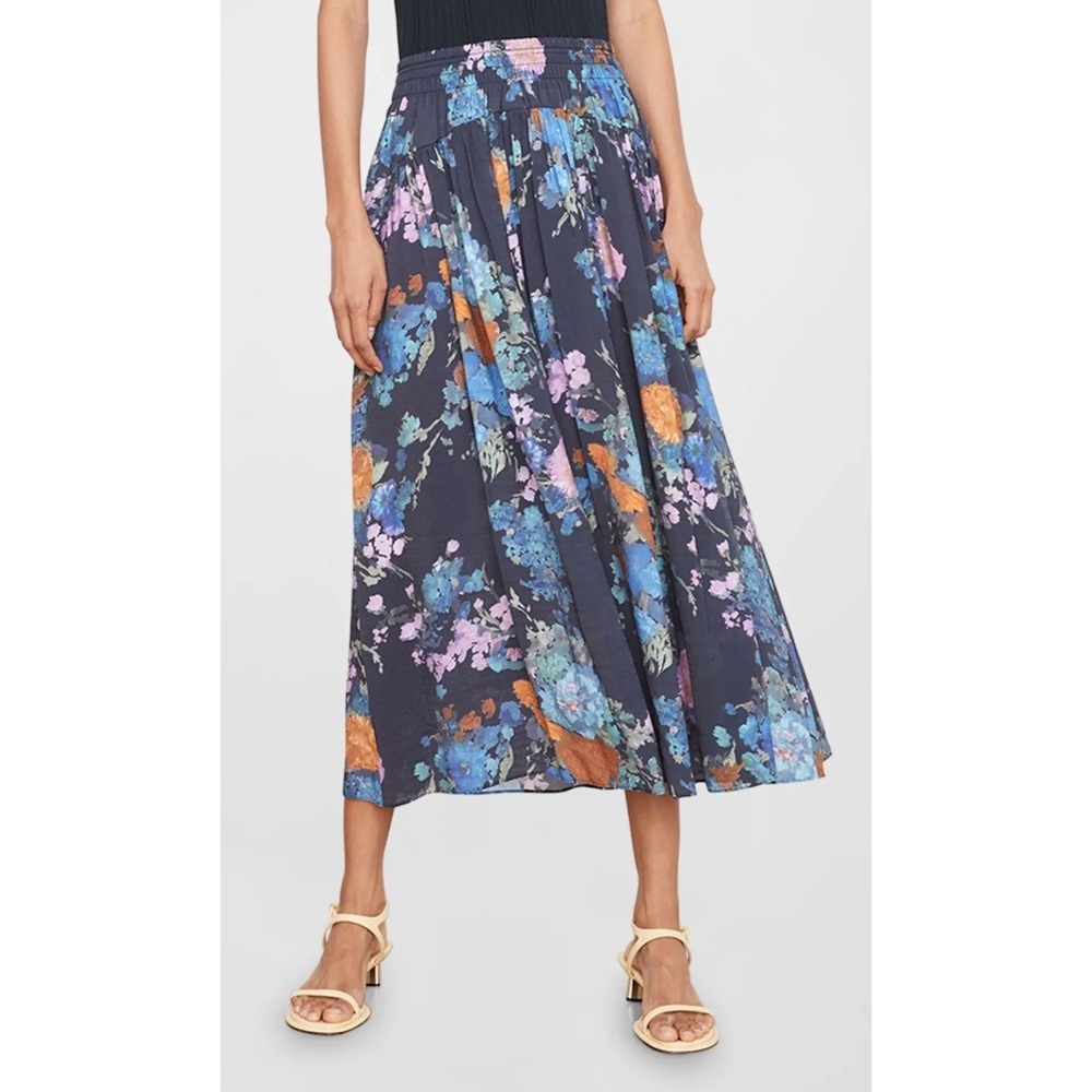 Vince Floral Smocked Waist Midi Skirt‎ Navy Blue Orange Rayon Blend Large